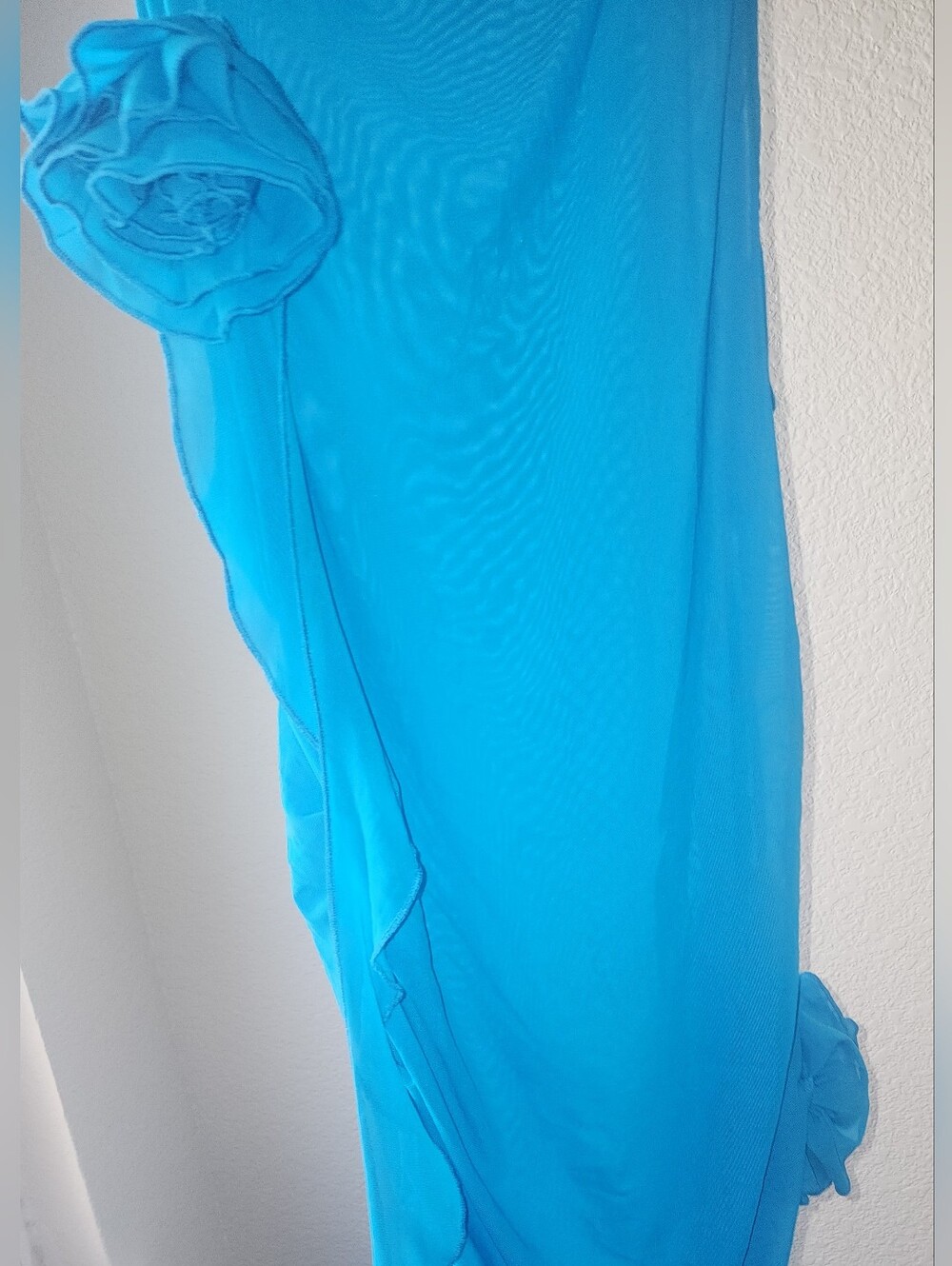 Fashion Nova Blue Sheer Ruffled Maxi Dress with Floral Appliqués - Picture 6 of 8